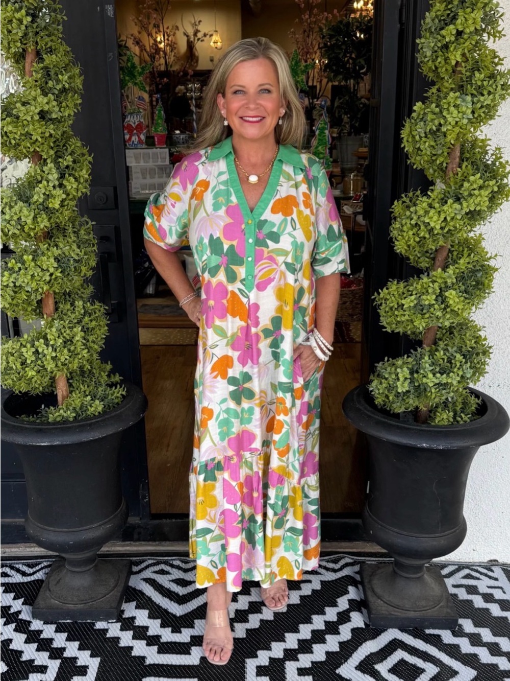 Umgee Floral Button-Front Maxi Dress in Pink, Orange, Yellow and Green